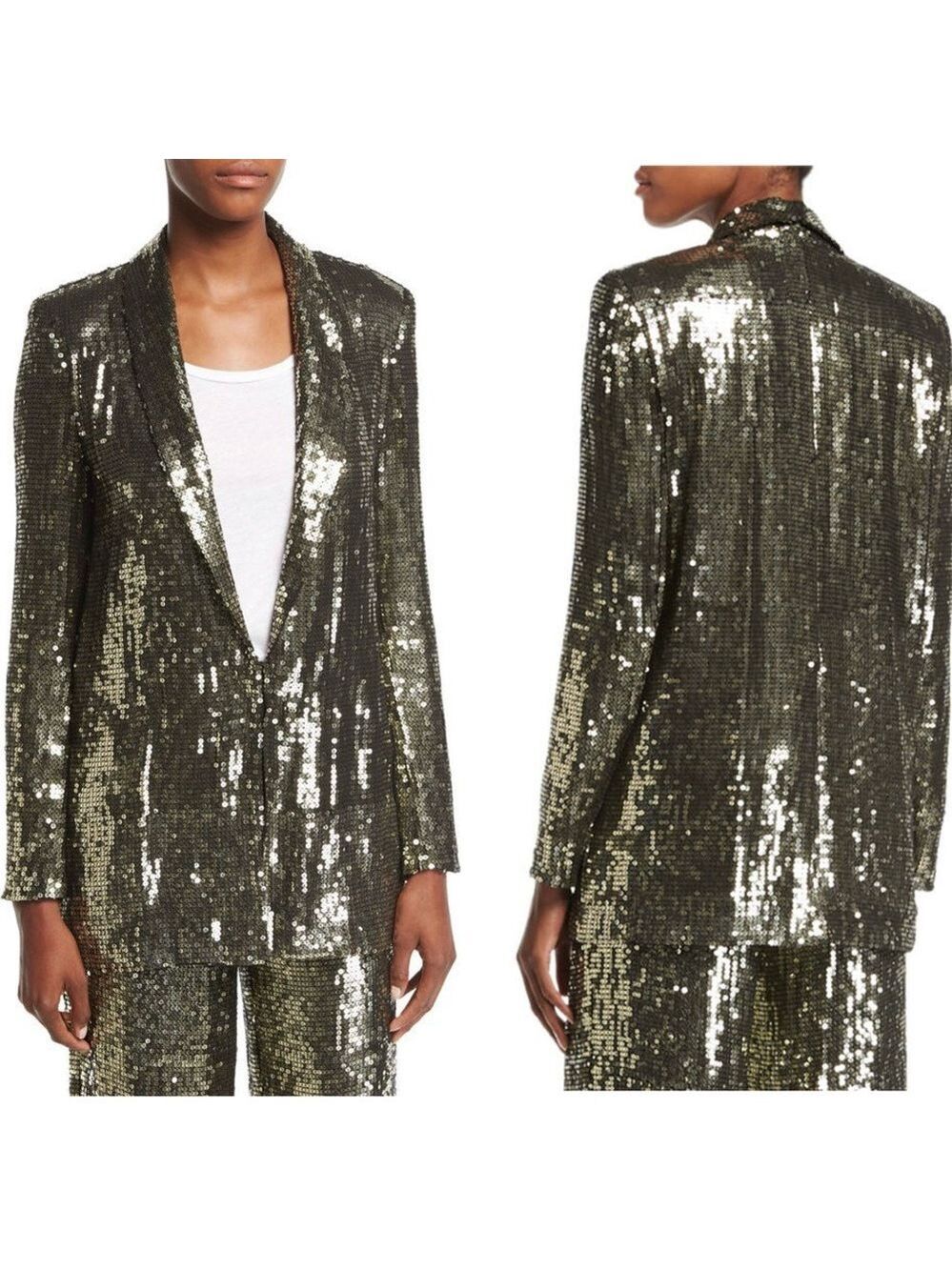 Alice + Olivia Jace Metallic Gold Sequin Shawl-Collar Oversized Blazer Sz S
